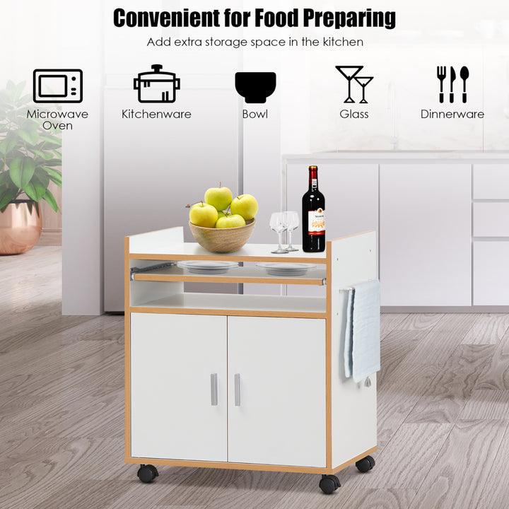 Rolling Kitchen Trolley Microwave Cart Storage Cabinet W/ Removable Shelf White Image 5