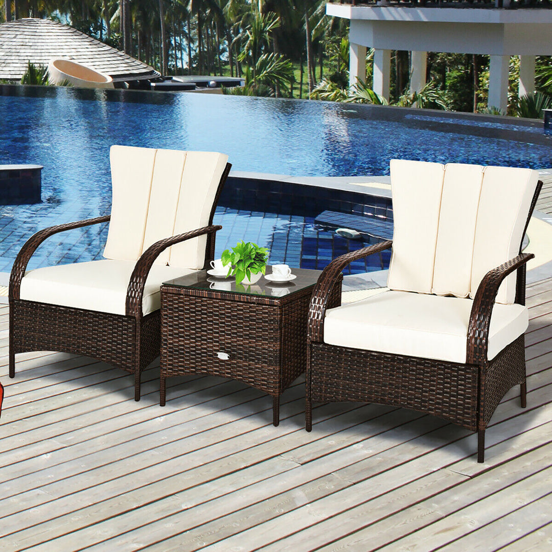 Costway 3 PCS Patio Rattan Furniture Set Coffee Table and 2 Rattan Chair Image 5