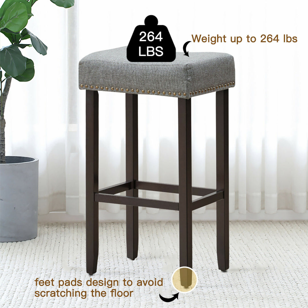 Set of 2 Nailhead Saddle Bar Stools 29" Height w/ Fabric Seat and Wood Legs Gray Image 5