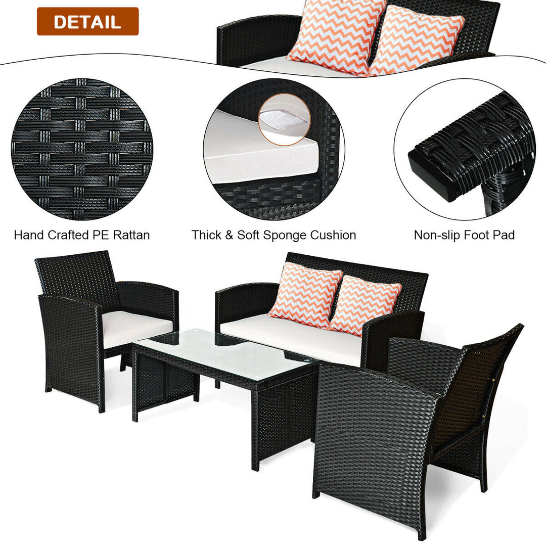 4PCS Patio Rattan Furniture Conversation Set Cushioned Sofa Table Garden Black Image 5