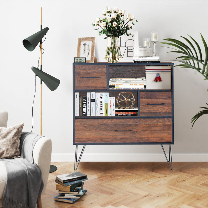 Sideboard Storage Cabinet Multipurpose Display Unit w/Metal Leg and Drawers Walnut Image 5