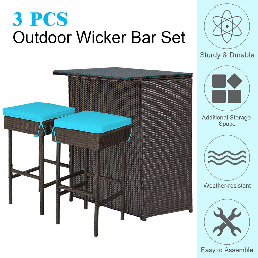 3PCS Patio Rattan Wicker Bar Table Stools Dining Set Cushioned Chairs Turquoise Image 5