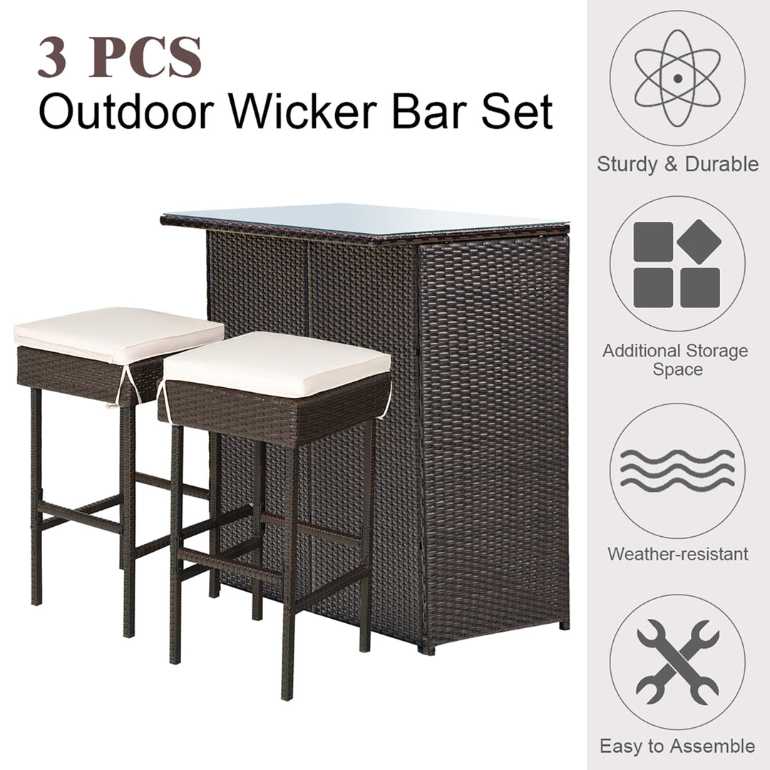 3PCS Patio Rattan Wicker Bar Table Stools Dining Set Cushioned Chairs Garden Image 5