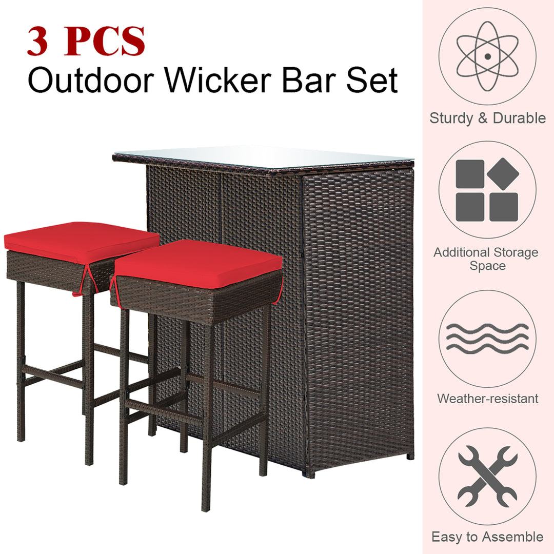 3PCS Patio Rattan Wicker Bar Table Stools Dining Set Cushioned Chairs Garden Red Image 5