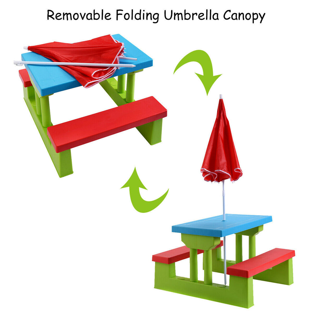 4 Seat Kids Picnic Table w/Umbrella Garden Yard Folding Children Bench Outdoor Image 5