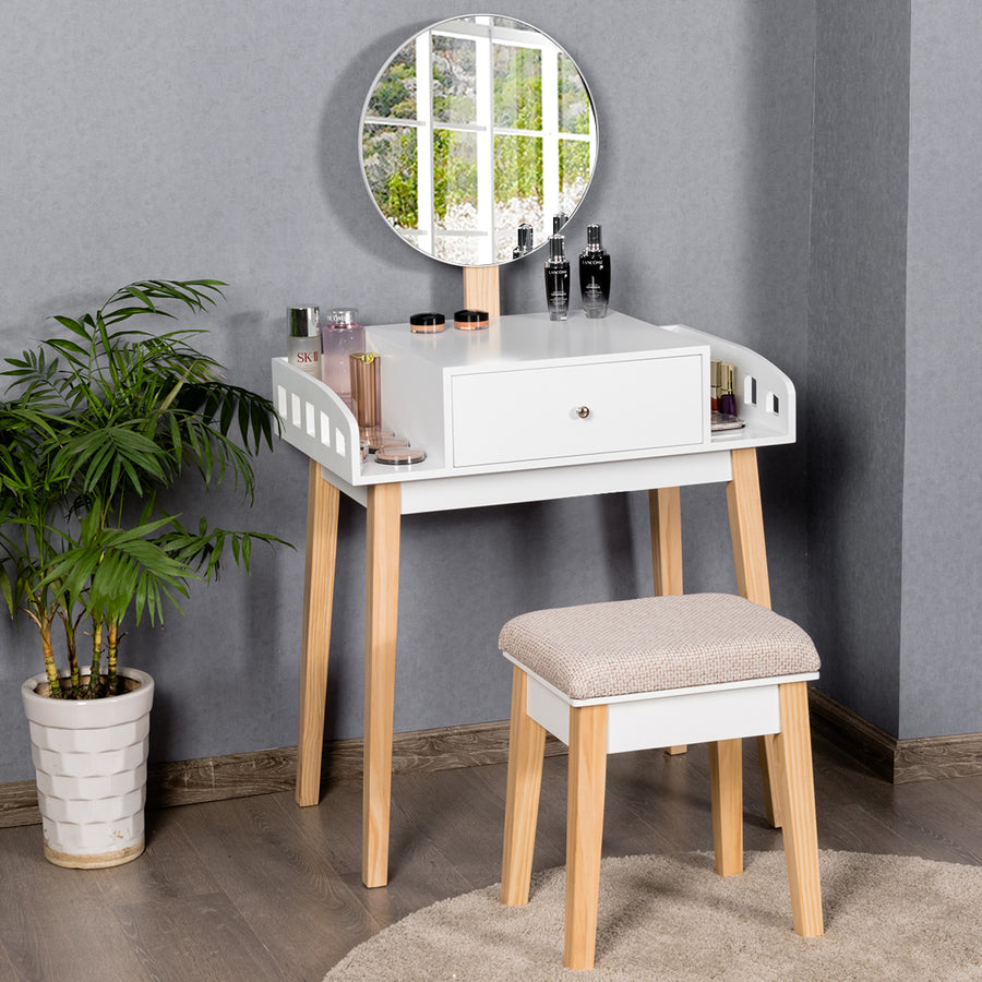 Wooden Vanity Makeup Dressing Table Stool Round w/Drawer Image 1