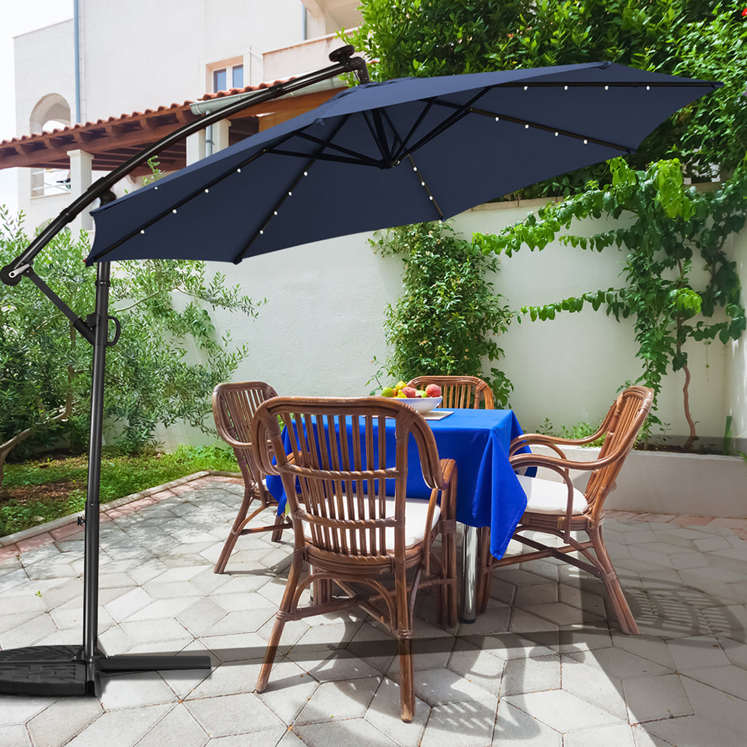 10FT Patio Offset Umbrella Solar Powered LED 360Degree Rotation Aluminum Navy Image 5