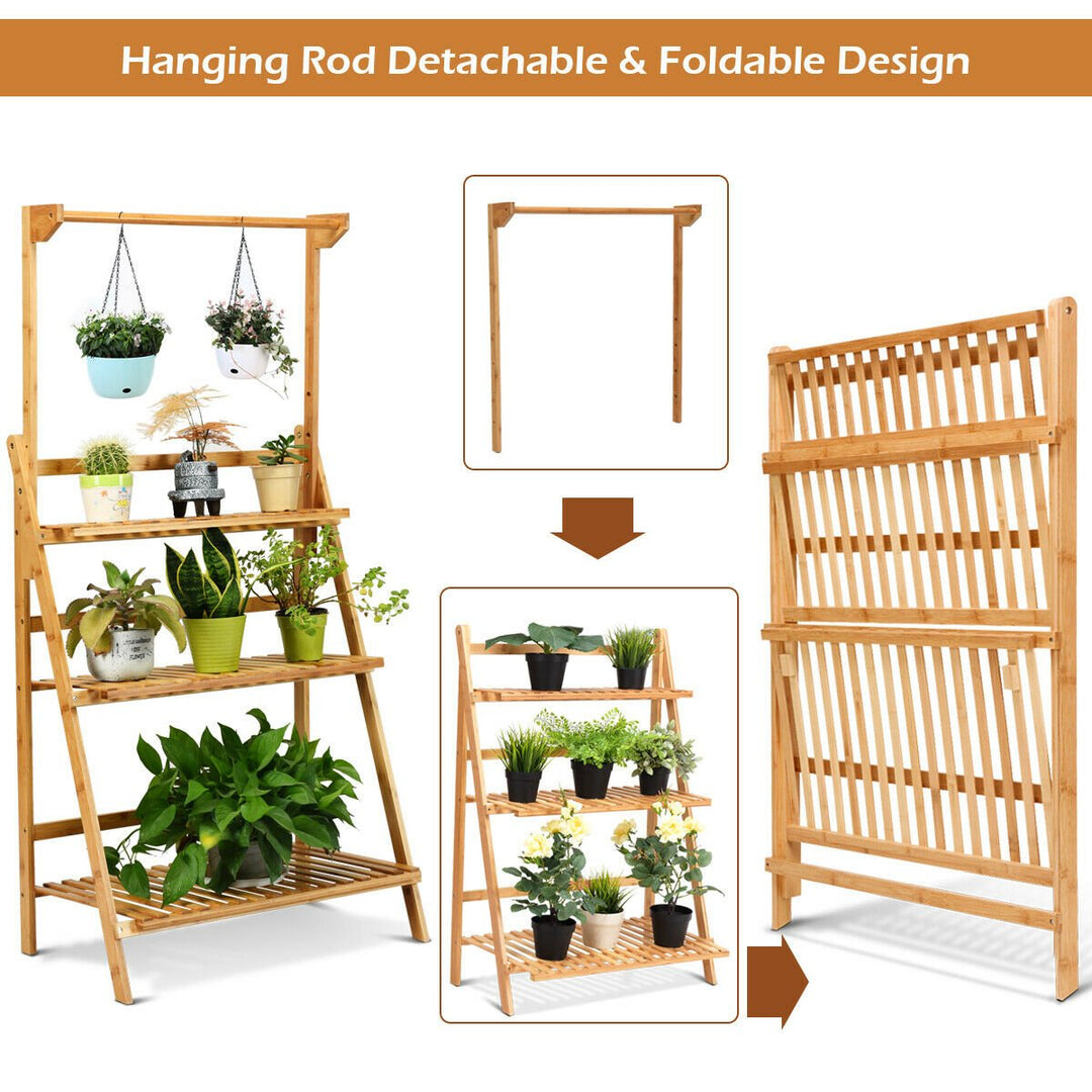 3 Tier Bamboo Hanging Folding Plant Shelf Stand Flower Pot Display Rack Bookcase Image 5