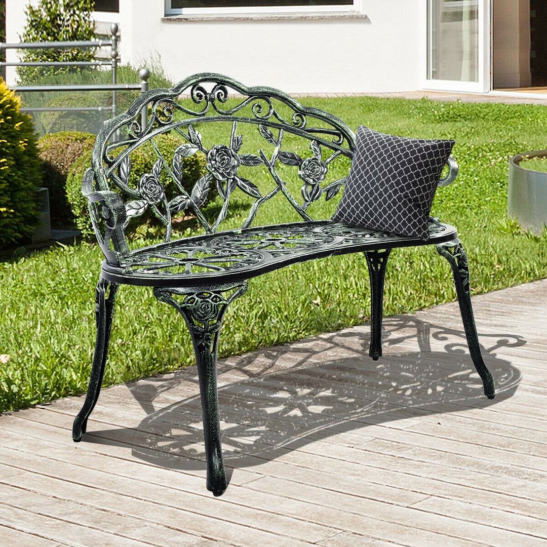 Patio Garden Bench Chair Style Porch Cast Aluminum Outdoor Rose Antique Green Image 5