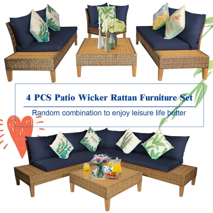 4PCS Patio Rattan Furniture Set Loveseat w/Wooden Side Table Cushioned Navy Image 5