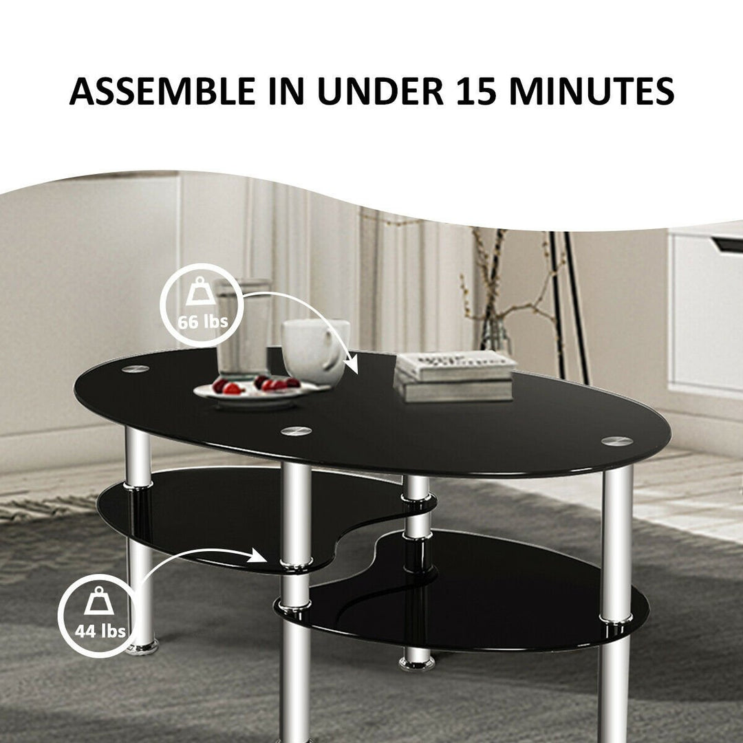 Tempered Glass Oval Side Coffee Table Shelf Chrome Base Living Room Black Image 5