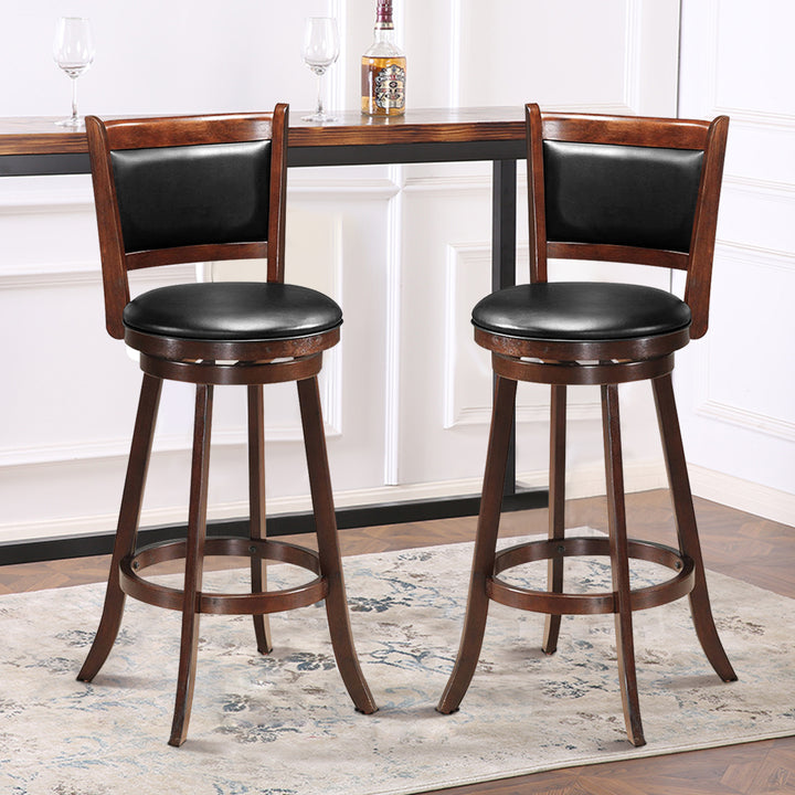 Set of 2 29 Swivel Bar Height Stool Wood Dining Chair Upholstered Seat Panel Back Espresso Image 5