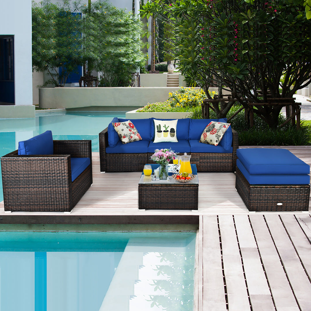 6PCS Patio Rattan Furniture Set Sectional Cushion Sofa Image 5