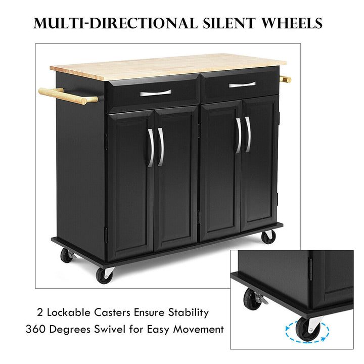 Rolling Kitchen Trolley Island Black Cart Wood Top Storage Cabinet Utility W/ Drawers Image 5