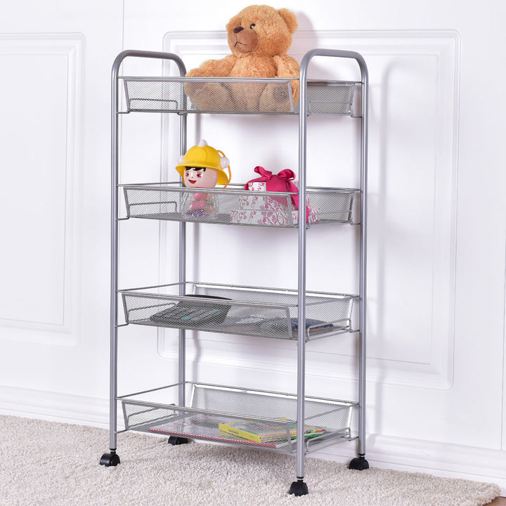 4 Tier Storage Rack Trolley Cart Home Kitchen Organizer Utility Baskets Silver Image 5