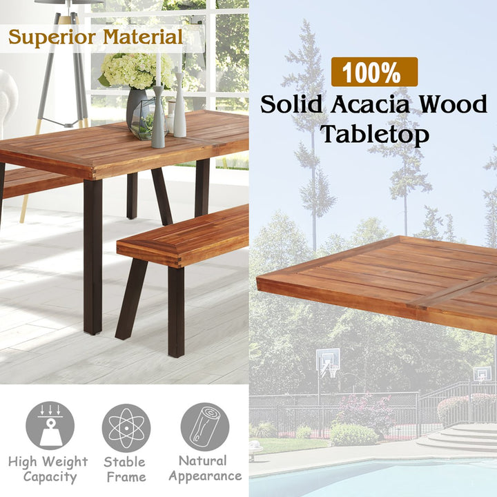 3 Pieces Picnic Table Set Acacia Wood Table Bench with Steel Legs Outdoor Patio Image 5