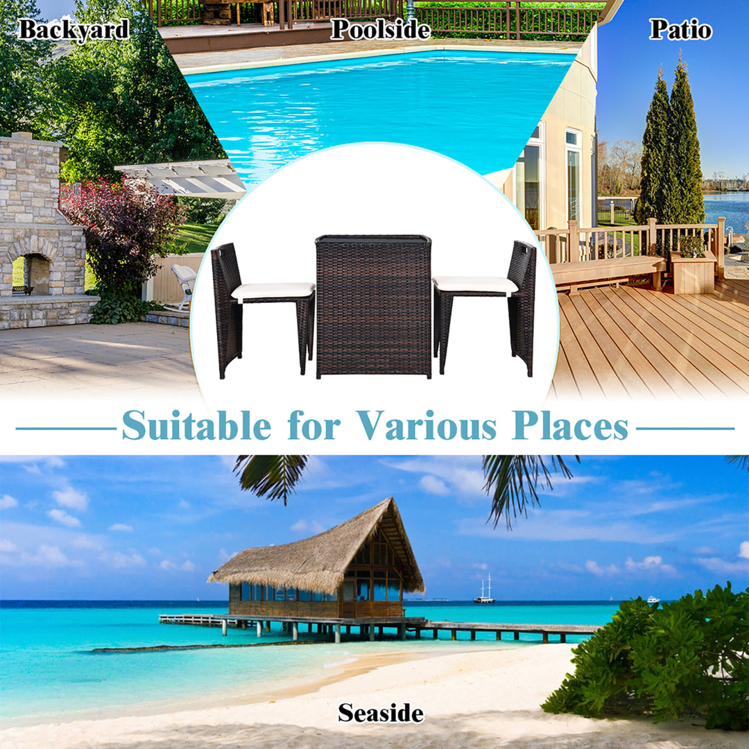 3PCS Outdoor Patio Rattan Furniture Set Space Saving Garden Deck W/Cushion No Assembly Image 5