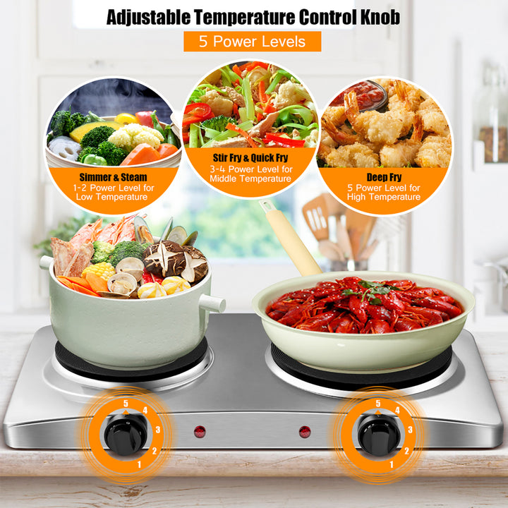 1800W Double Hot Plate Electric Countertop Burner Stainless Steel 5 Power Levels Image 5