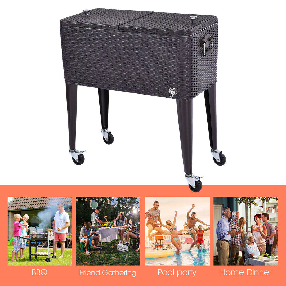 Outdoor Rattan 80QT Party Portable Rolling Cooler Cart Ice Beer Beverage Chest Image 4