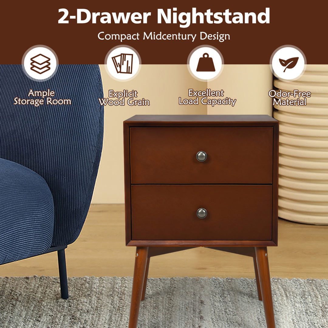 2PCS Nightstand Mid-Century End Side Table 2 Drawer Rubber Wood Legs Living Room Image 4