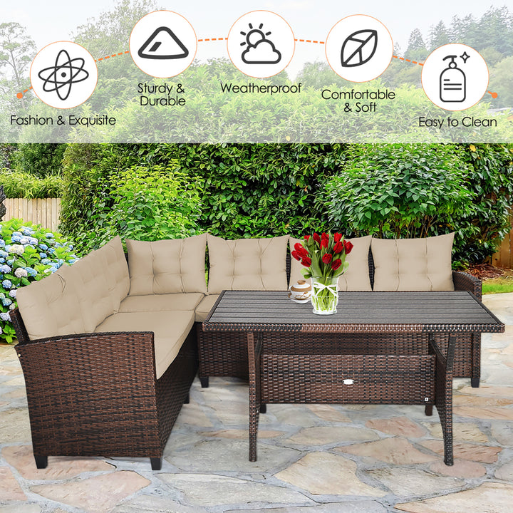 3PCS Rattan Dining Set Patio Furniture 6 Seats Sofa Cushioned Image 5