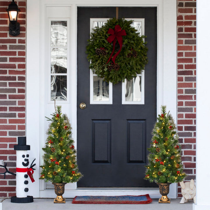 3ft Pre-Lit Christmas Entrance Tree In Urn w/ 40 LED Light Red Berries Pine Cone Image 5