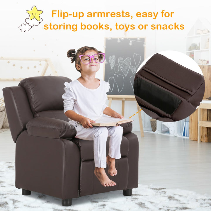 Deluxe Padded Kids Sofa Armchair Recliner Headrest Children w/ Storage Arm Brown Image 5