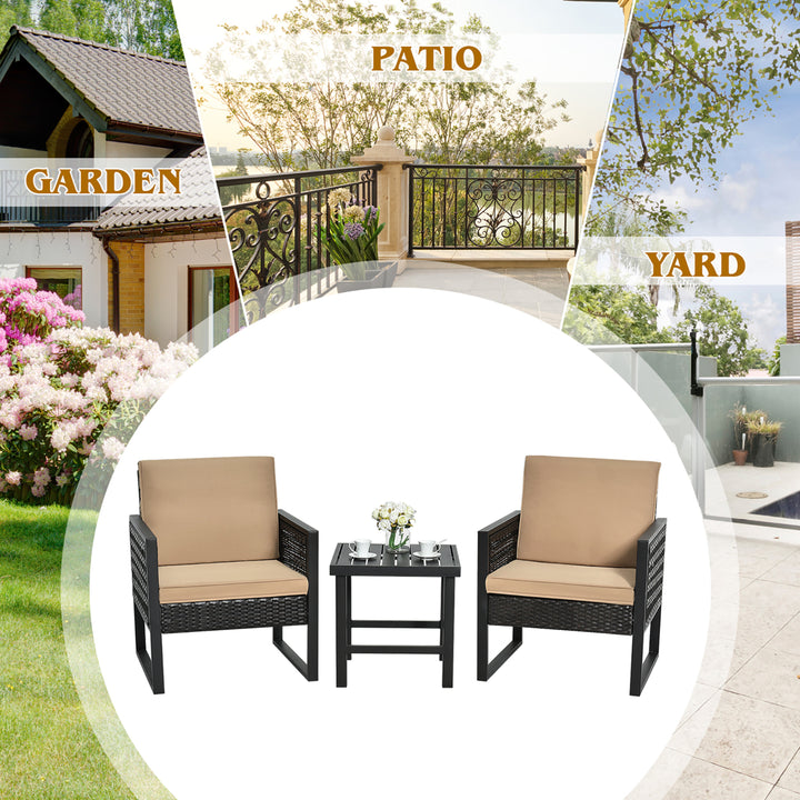 3PCS Patio Rattan Bistro Furniture Set Cushioned Sofa Chair Coffee Table Garden Image 5