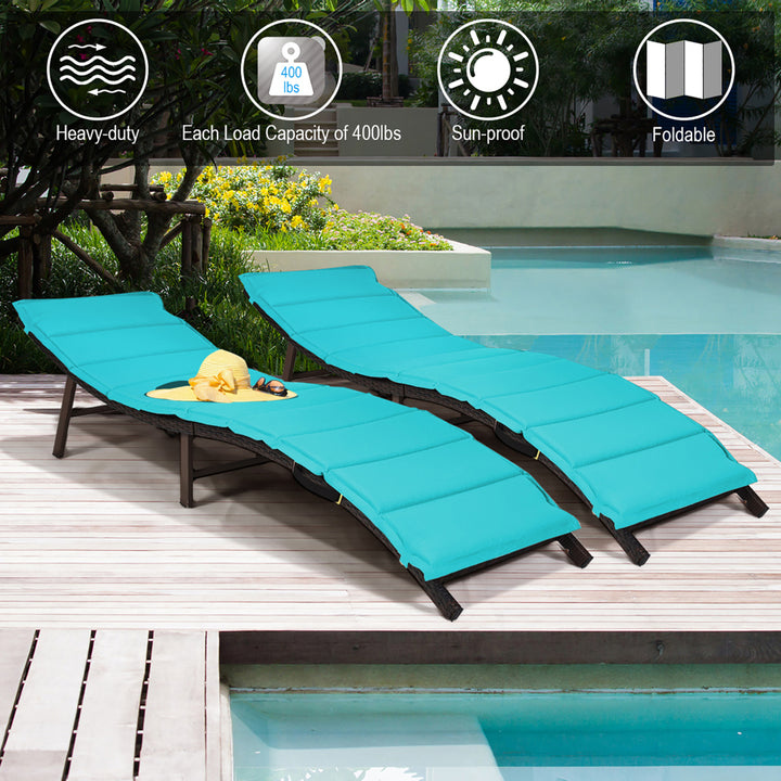 2PCS Patio Rattan Folding Lounge Chair Chaise Double Sided Cushion Turquoise Image 5