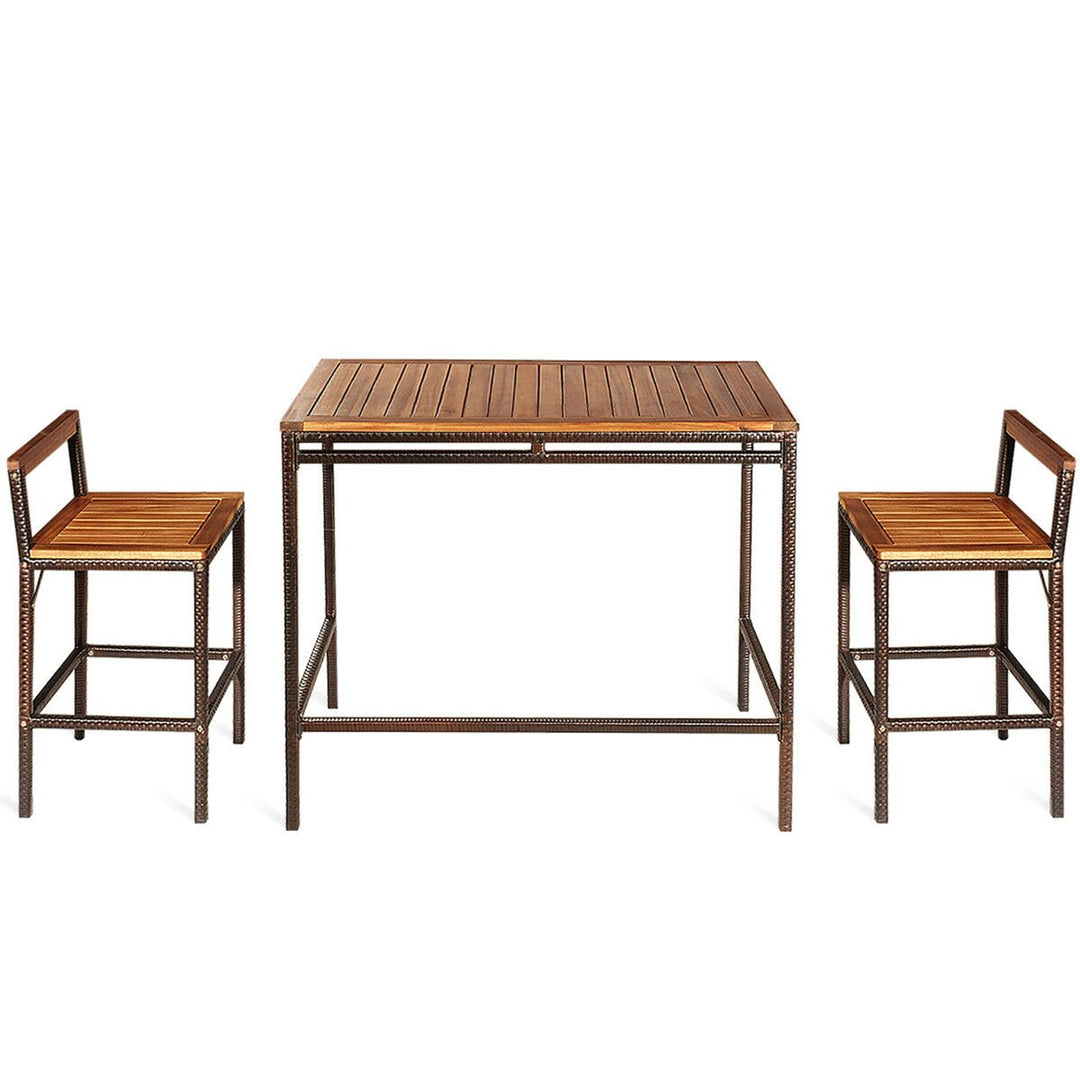 3 PCS Patio Rattan Wicker Bar wood Table Chair Outdoor Image 5