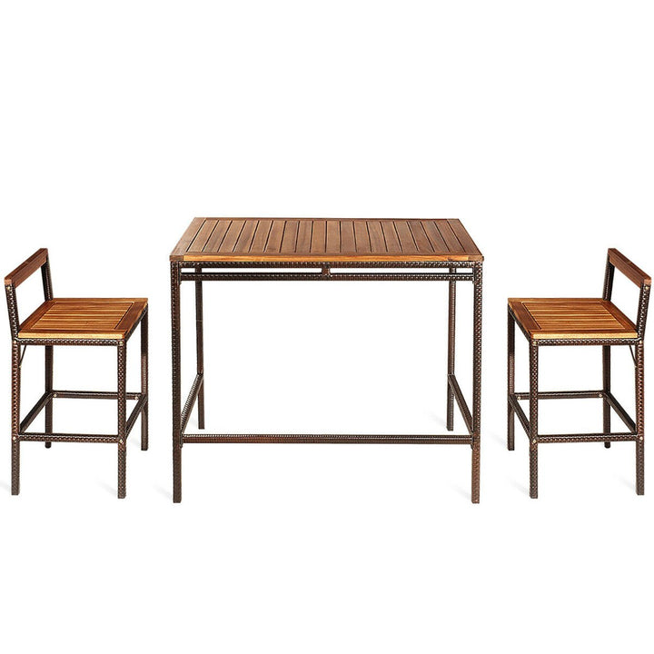 3 PCS Patio Rattan Wicker Bar wood Table Chair Outdoor Image 5