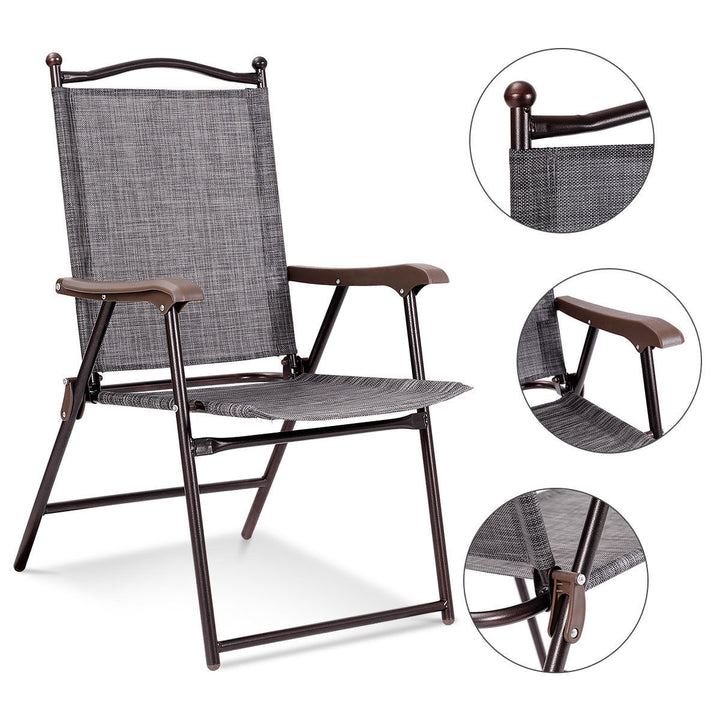 Set of 2 Patio Folding Sling Back Chairs Camping Deck Garden Beach Gray Image 5