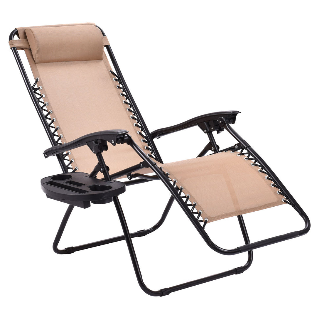 2PCS Zero Gravity Chairs Lounge Patio Folding Recliner Beige W/Cup Holder Image 5