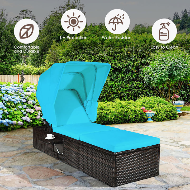 2PCS Patio Rattan Lounge Chair Chaise Cushioned Top Canopy Adjustable Turquoise Image 5