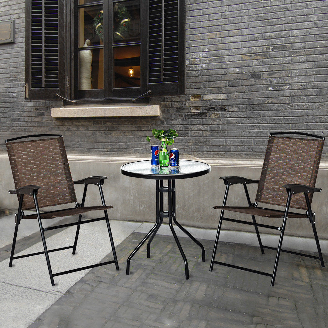 3PC Bistro Patio Garden Furniture Set 2 Folding Chairs Glass Table Top Steel Image 5