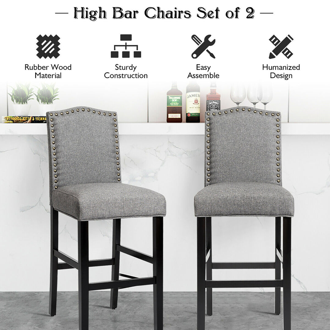 Set of 2 Bar Stools 30 Upholstered Kitchen Rubber Wood Full Back Chairs Gray Image 5