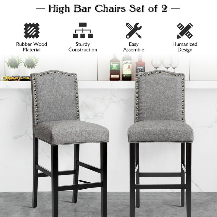 Set of 2 Bar Stools 30 Upholstered Kitchen Rubber Wood Full Back Chairs Gray Image 5