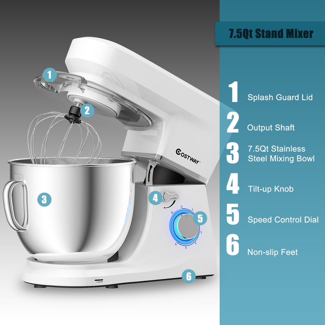 Tilt-Head Stand Mixer 7.5 Qt 6 Speed 660W with Dough Hook, Whisk and Beater White Image 5