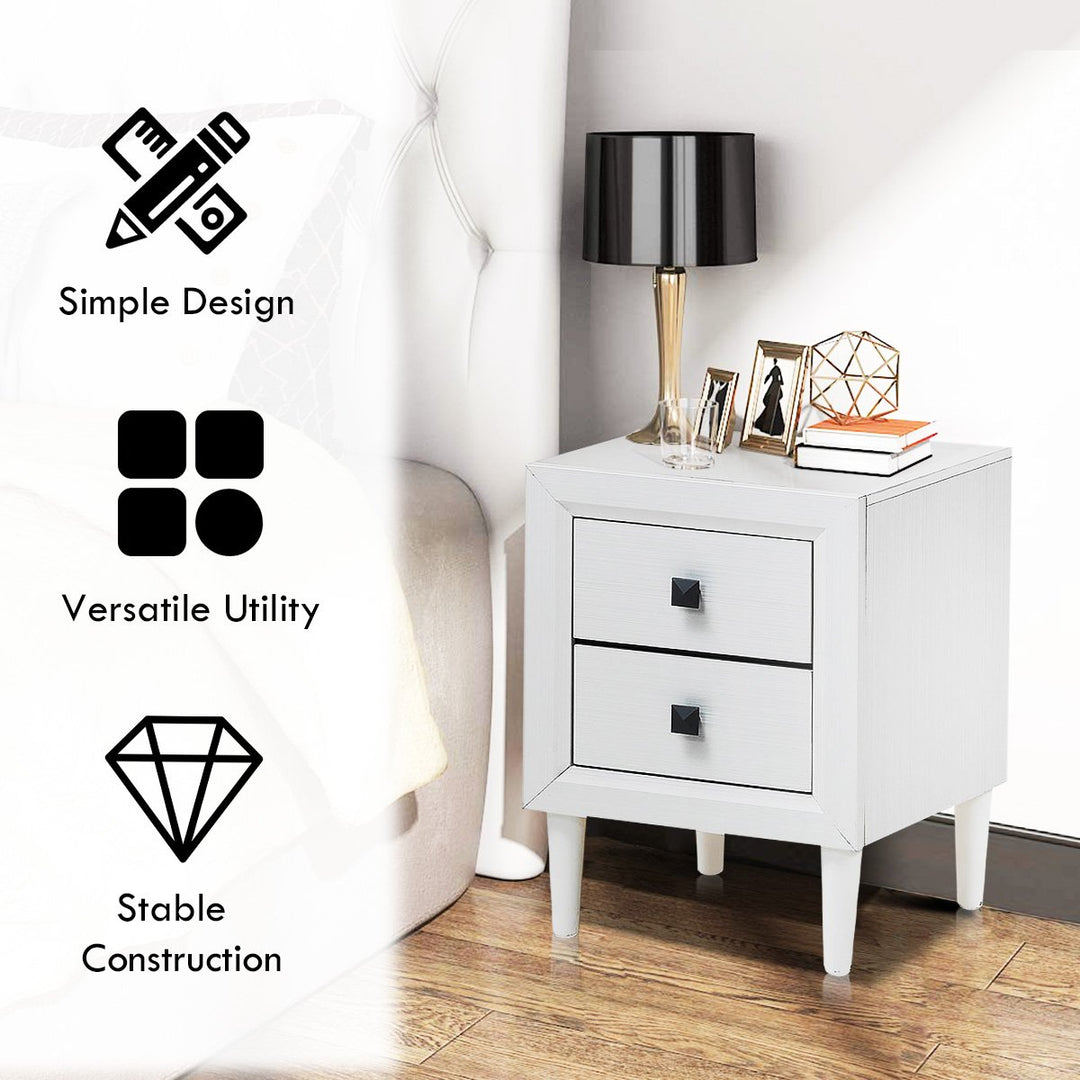 2 PCs Nightstand End Table Wooden Leg With Storage Drawers White Image 5