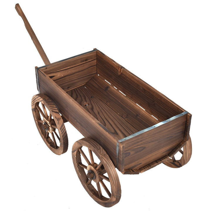 Wood Wagon Flower Planter Pot Stand Garden W/Wheels Image 5