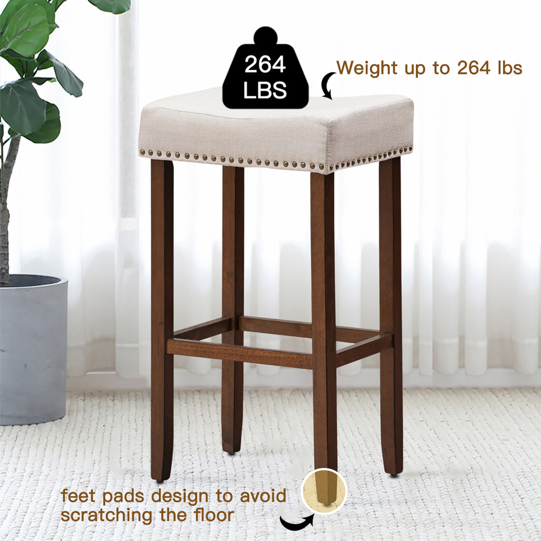 Set of 4 Nailhead Saddle Bar Stools 29 Height w/ Fabric Seat andWood Legs Beige Image 5