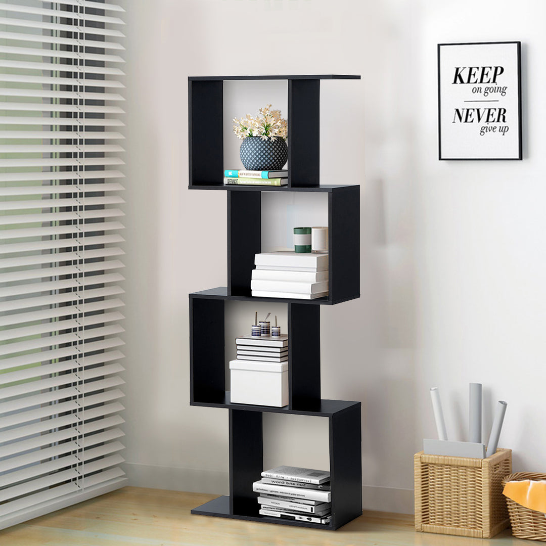 2/3/4-tier S-Shaped Bookcase Free Standing Storage Rack Wooden Display Decor Black Image 5