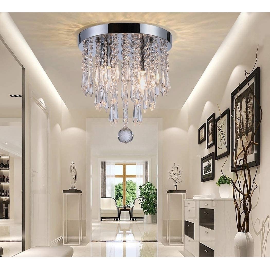 Chandelier Flush Mount Crystal Ceiling Light 2 Lights Modern Chrome Image 1