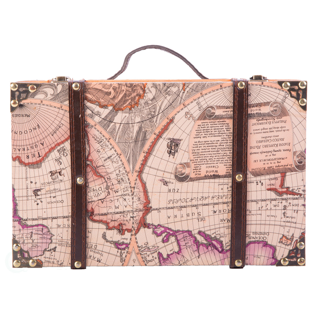 Old World Map Suitcase Decorative Storage Box 13.8x8.8x5 Wood Faux Leather Image 1