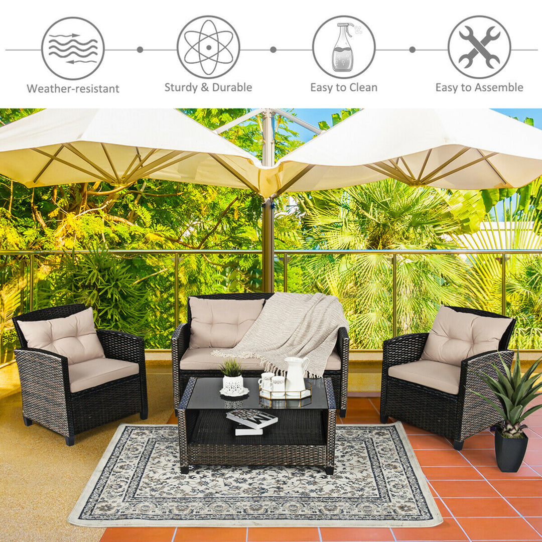 8pcs Patio Rattan Conversation Set Cushioned Outdoor Furniture Set Image 4