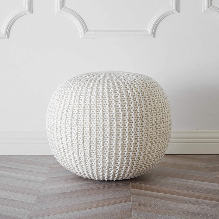 Round Knit Pouf - Hand Woven Cotton, Ivory Image 1