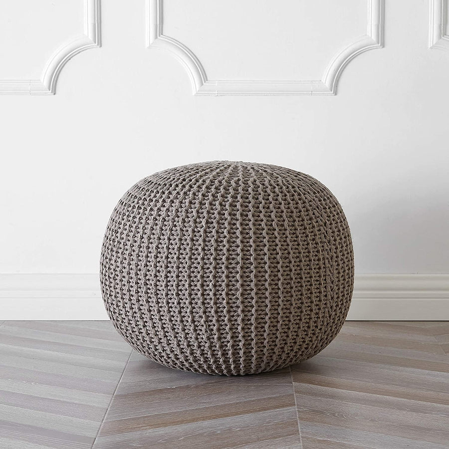 Round Knit Pouf - Hand Woven Cotton, Taupe Image 1