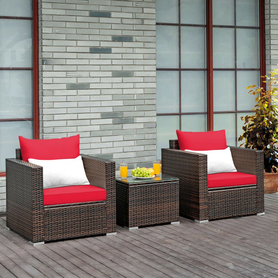 3PCS Rattan Patio Outdoor Conversation Furniture Set w/ Red Cushions Image 1