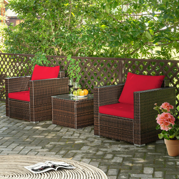 3PCS Rattan Patio Outdoor Conversation Furniture Set w/ Red Cushions Image 4