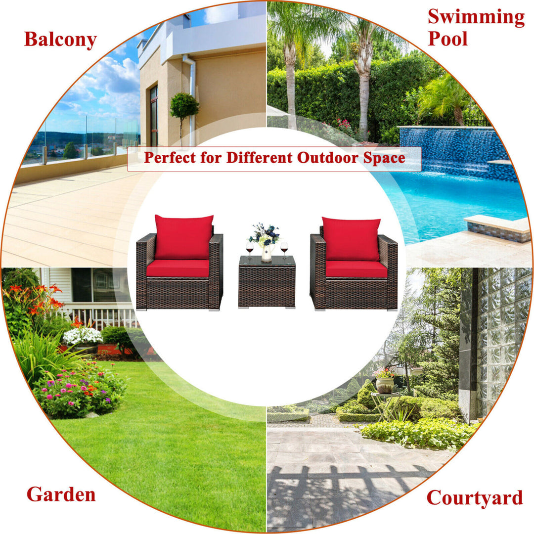 3PCS Rattan Patio Outdoor Conversation Furniture Set w/ Red Cushions Image 5